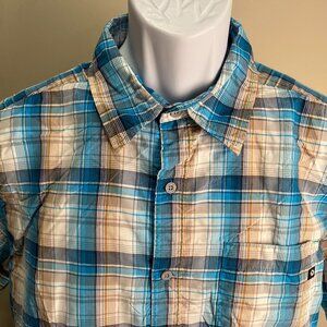 Marmot Men's blue, khaki and white plaid short sleeve hiking fishing shirt L